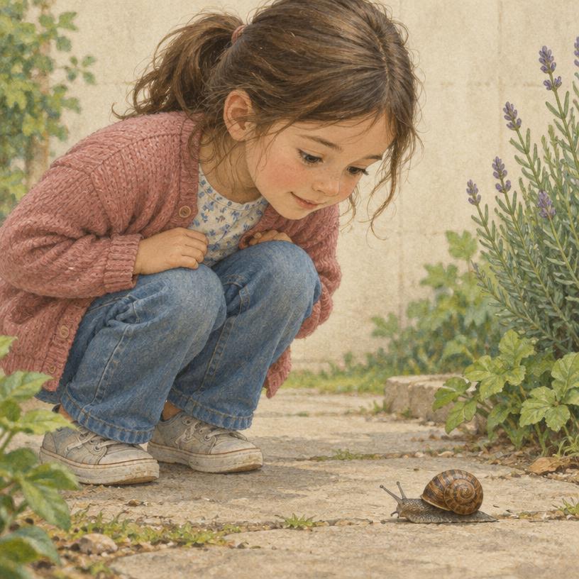 Una niña observa con curiosidad un caracol en el patio